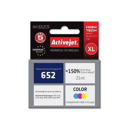Activejet AH-652CR tindikassett (asendus HP 652 F6V24AE; premium; 21 ml; värviline)