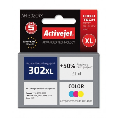 Activejet AH-302CRX tindikassett (asendus HP 302XL F6U67AE; premium; 21 ml; 500 lehte, värviline)