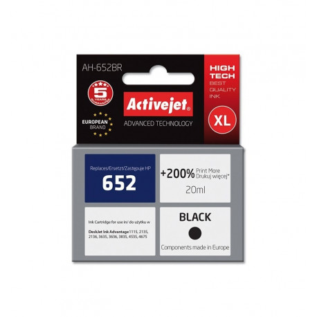 Activejet AH-652BR tindikassett (asendus HP 652 F6V25AE; premium; 20 ml; must)