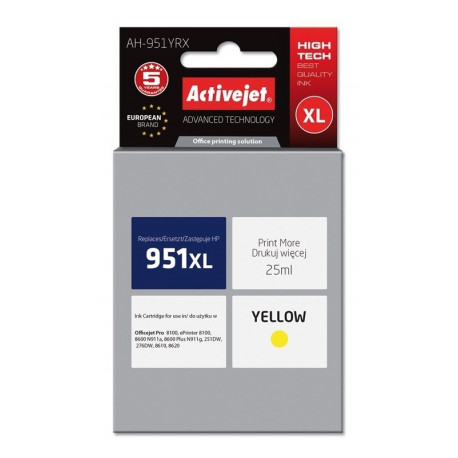Activejet AH-951YRX tindikassett (asendus HP 951XL CN048AE; premium; 25 ml; kollane)