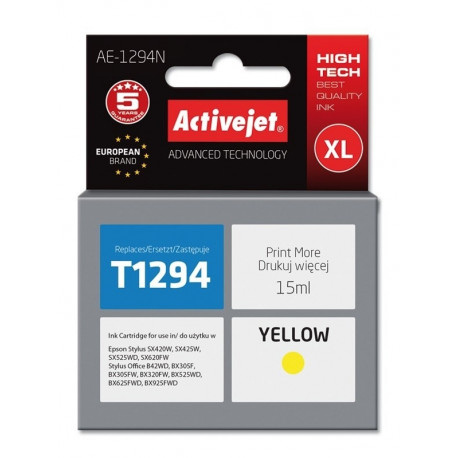 Activejet AE-1294N tindikassett (asendus Epson T1294; Supreme; 15 ml; kollane)