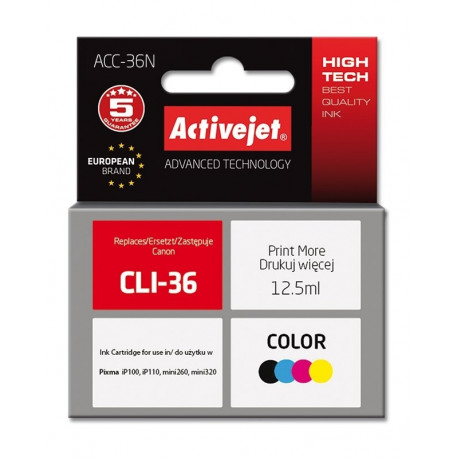 Activejet ACC-36N tindikassett (asendus Canon CLI-36; Supreme; 12,5 ml; värviline)