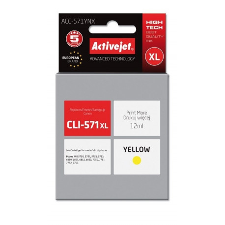 Activejet ACC-571YNX tindikassett (asendus Canon CLI-571XLY; Supreme; 12 ml; kollane)