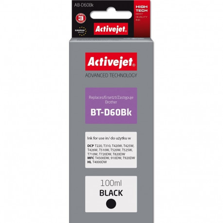 Activejet AB-D60Bk Ink Bottle (Replacement, Brother BT-D60Bk; Supreme; 100 ml; Black)