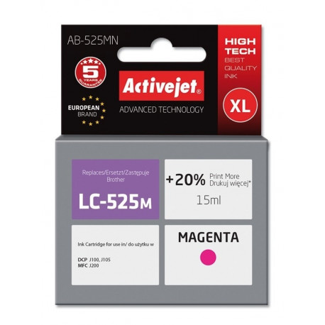 Activejet AB-525MN tindikassett (asendus Brother LC525M; Supreme; 15 ml; magenta). Prindib 20% rohke