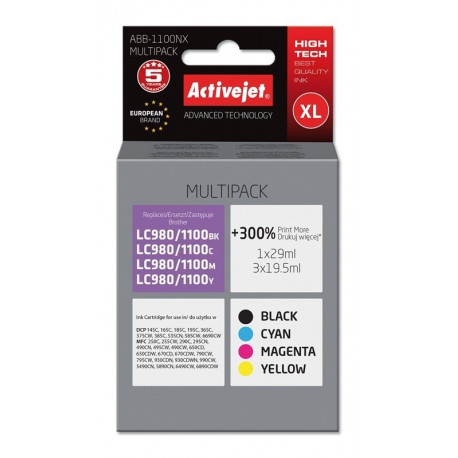 Activejet ABB-1100NX tindikassett (asendus Brother LC1100/980; Supreme; 1 x 29 ml, 3 x 19,5 ml; must