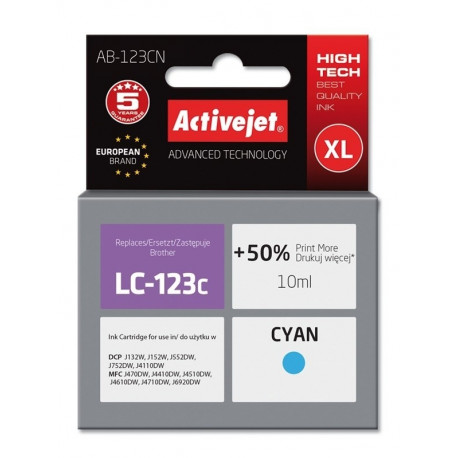 Activejet AB-123CN tindikassett (asendus Brother LC123C/121C; Supreme; 10 ml; tsüaan)