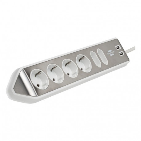 Brennenstuhl estilo corner power strip 6-way (white/stainless steel, 2 meters, 2x USB)