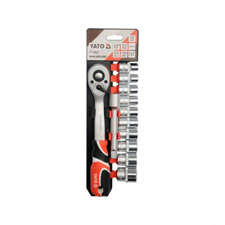 Yato tool set YT-38821, 1/2" 12.7mm, 12 pcs, 72 teeth, CrV 50BV30, CrMo SCM-440, AS-DRIVE, 125mm ext
