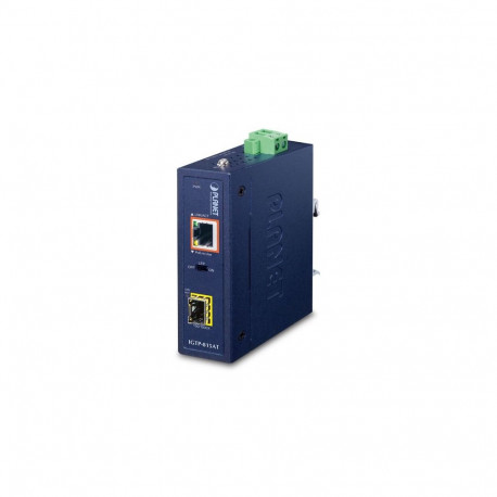 IP30 Compact size Industrial 100/1000BASE-X SFP to 10/100/1000BASE-T 802.3at PoE+ Media Converter (-