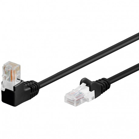 CAT 5e Network cable, 90° angled, U/UTP 1x 90° RJ45 plug (clip up-angled) / 1x straight black 2m