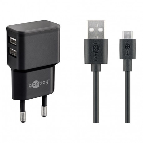 USB laadija 2 x USB-A, 100 - 240V > 5V, 2.4A, 18W, pordid küljel, kaasas USB micro kaabel, must