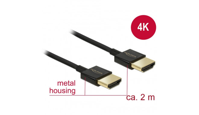 HDMI kaabel 2.0m, ethernet, 4K@60Hz, kullatud, kolmekordne varje, slim, must
