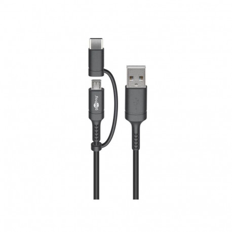 2in1 USB cable with Micro-B cable and USB-C plug 1m, black