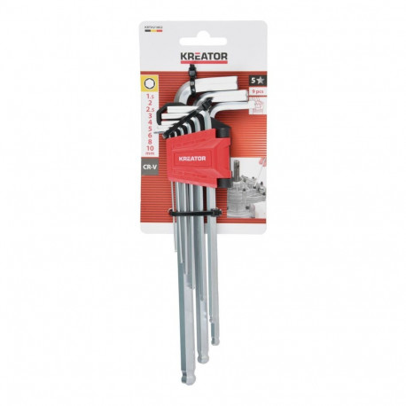 Kreator Hex Key Long KRTH21802, 9 pcs, Chrome vanadium, Plastic case