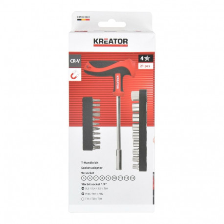 Kreator T-handle screwdriver set, KRTH22001, 21 pcs, 124 mm shaft length, T-shaped handle, bit socke
