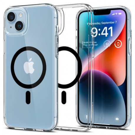 Kaitseümbris Ultra Hybrid MagFit, Apple iPhone 14 Plus, läbipaistev musta MagSafe ringiga, Spigen