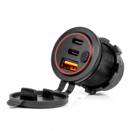 Ładowarka samochodowa z gniazdami usb wodoodporna z włącznikiem usb + 2x usb-c qc3.0 12v 24v amio-04
