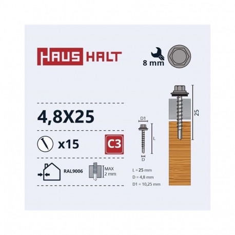 SELF SCR 4.8X25 WOOD+EPMD RAL9006 15PCS