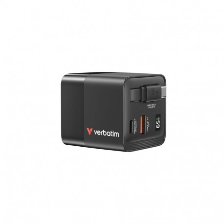 Verbatim GaN Charger 65W 2 Port retractable cable display US plugs with EU and UK adaptors