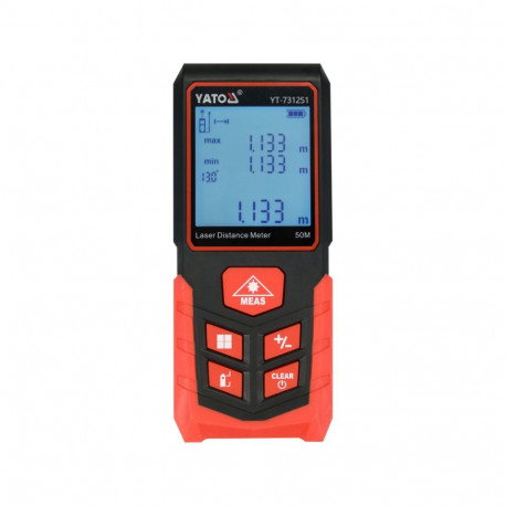 Yato YT-731251 laserkaugusmõõtur, 0.05-50m, ±2mm, klass 2, 650nm, 99 mälu, LCD-ekraan, AAA