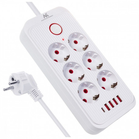 Pikendusjuhe MCE391 W 6 pesa 4xUSB 110-240V AC 50/60Hz 2.1A max 2500W, valge