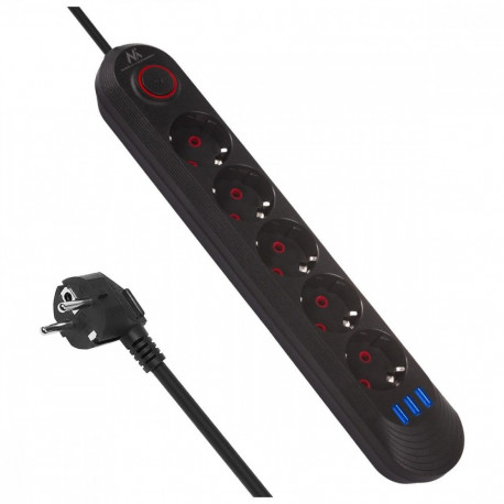 Pikendusjuhe MCE395 B 5 pesa 3xUSB, 110-240V AC 50/60Hz, 2.1A max 2500W, must