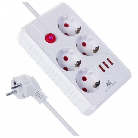 Pikendusjuhe MCE392 W 4 pesa 3xUSB, 110-240V AC 50/60Hz, 2.1A max 2500W 1,5m valge