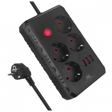 Pikendusjuhe MCE392 B, 4 pesa, 3xUSB, 110-240V AC 50/60Hz, 2.1A max 2500W, 1,5m, must