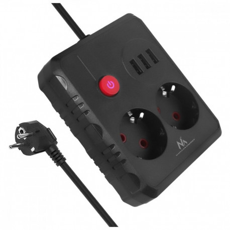 Pikendusjuhe MCE388 B, 2 pistikupesa 3xUSB, 110-240V AC 50/60Hz, 2.1A max 2500W, 3m must