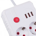 Power strip, MCE388 W, 2 sockets 3xUSB, 110-240V AC 50/60Hz, 2.1A max 2500W, 3m white