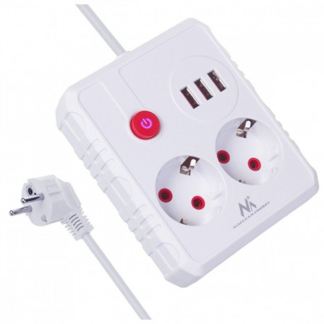2 pesaga pikendusjuhe MCE387 W 3xUSB, 110-240V AC 50/60Hz, 2.1A max 2500W, 1.5m valge