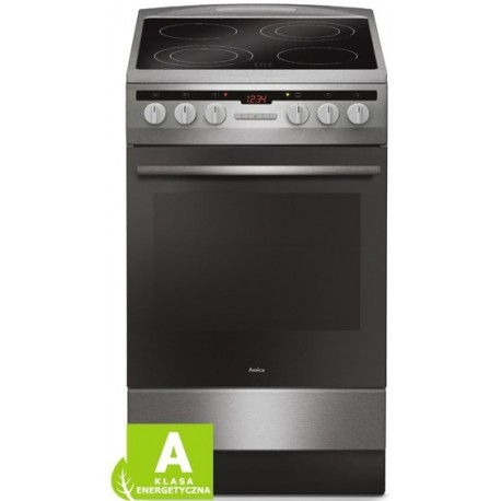 This is an Amica electric cooker with a ceramic hob. It is a 50cm wide, free-standi