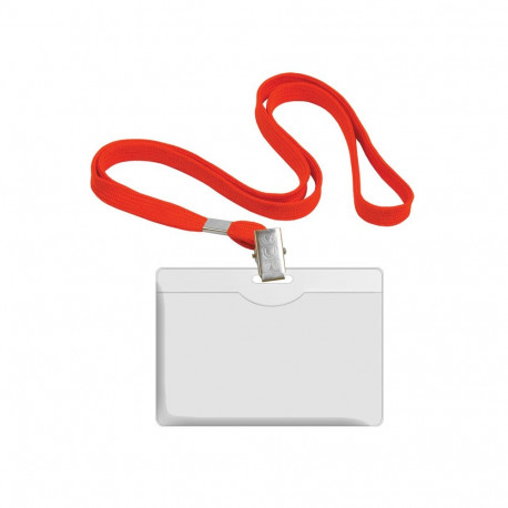 Name tag holder 58x90mm FOROFIS horizontal with lanyard red