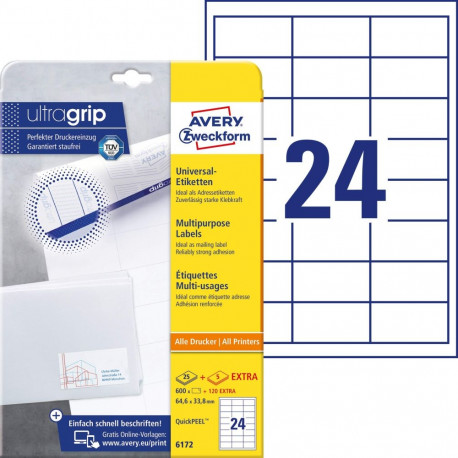 Kleebisetikett AVERY Zweckform Ultragrip 64,6x33,8mm 25+5 lehte (6172)