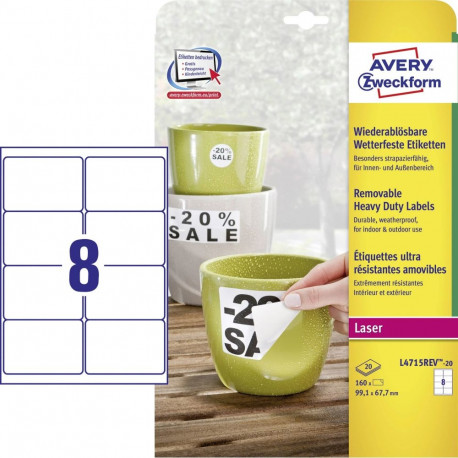 Kleebisetikett polüesterkilest ilmastikukindel AVERY Zweckform 99,1x67,7mm 20l pakis eemaldatava lii