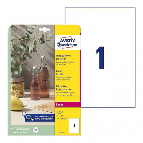 Sticker label made of transparent polyester film AVERY Zweckform 210x297mm 25 sheets (L7784-25)