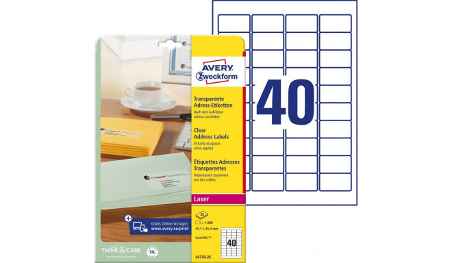 Kleebisetikett läbipaistvast polüesterkilest AVERY Zweckform 45,7x25,4mm 25 lehte (L4770-25)