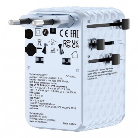 Verbatim Charge 'n' Travel 100W universaalne reisadapter tõmmatava kaabliga sinine