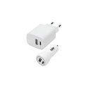 Wall & Car Charger Set USB-A & USB-C 15W, white