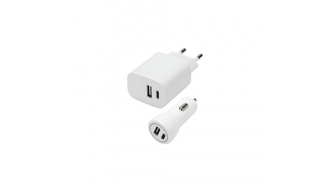 Wall & Car Charger Set USB-A & USB-C 15W, white