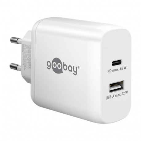 kahepordiline kiirlaadija 45W 1x USB-A 1x USB-C PD GaN-Technologie, valge