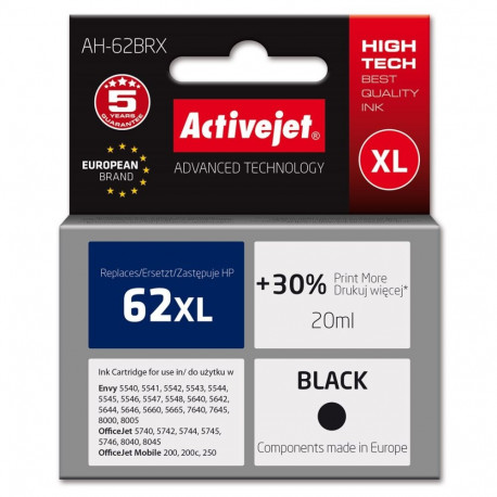 Activejet AH-62BRX tindikassett (asendus HP 62XL C2P05AE; premium; 20 ml; must)