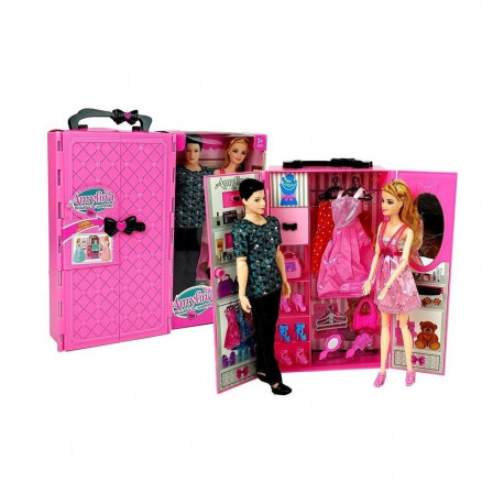 Zestaw Lalek Chłopak Dziewczyna Szafa Garderoba Ubrania w Walizce