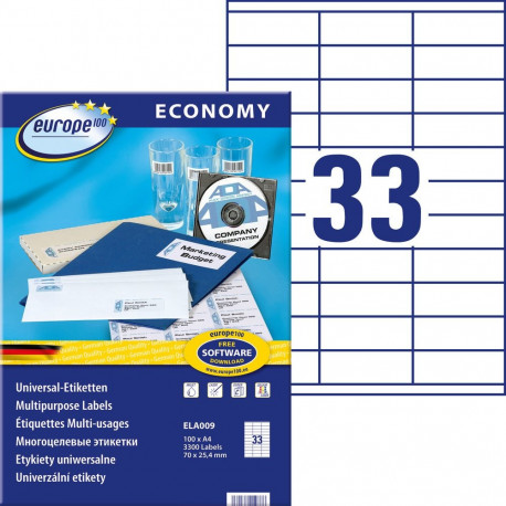 Sticker label AVERY Economy 70x25.4mm on 33 sheets, 100 sheets