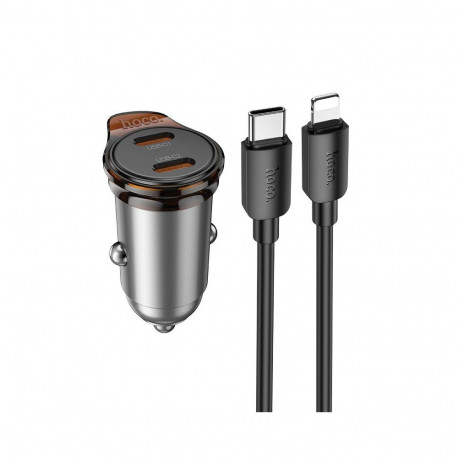 Car charger Hoco 2 x USB C QC PD 45W + cable USB C to Lightning NZ16B metal gray