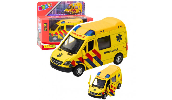 Karetka Ambulans Metalowy Z Napędem Pull Back Światła Dźwięki Żółty 1:32