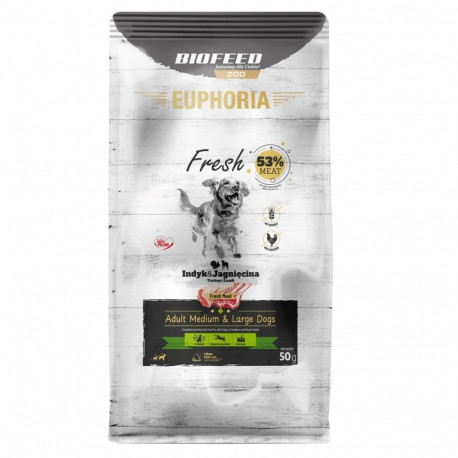 EUPHORIA Fresh täiskasvanute kalkun lambaga M/L kuiv koeratoit 50g