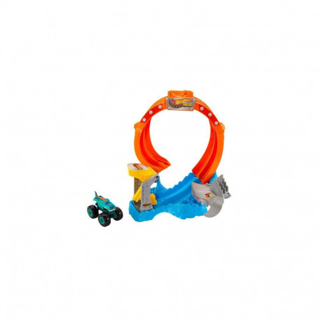 Hot Wheels Monster Trucks Corkscrew Shark Smash Track Set &amp; 1:64 Scale Mega-Wrex Toy Truck