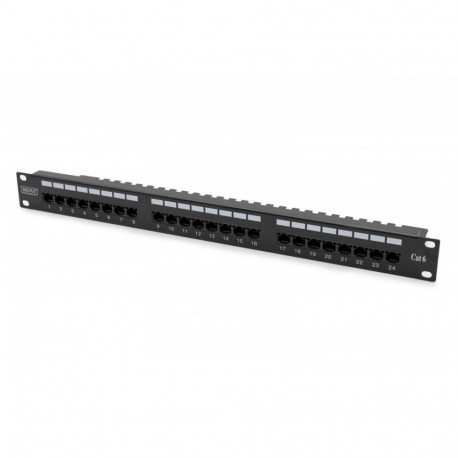 Patch panel 19'' 24x RJ45, LSA level, cat.6, unshielded, 1U, cable guide, labeling fields, black